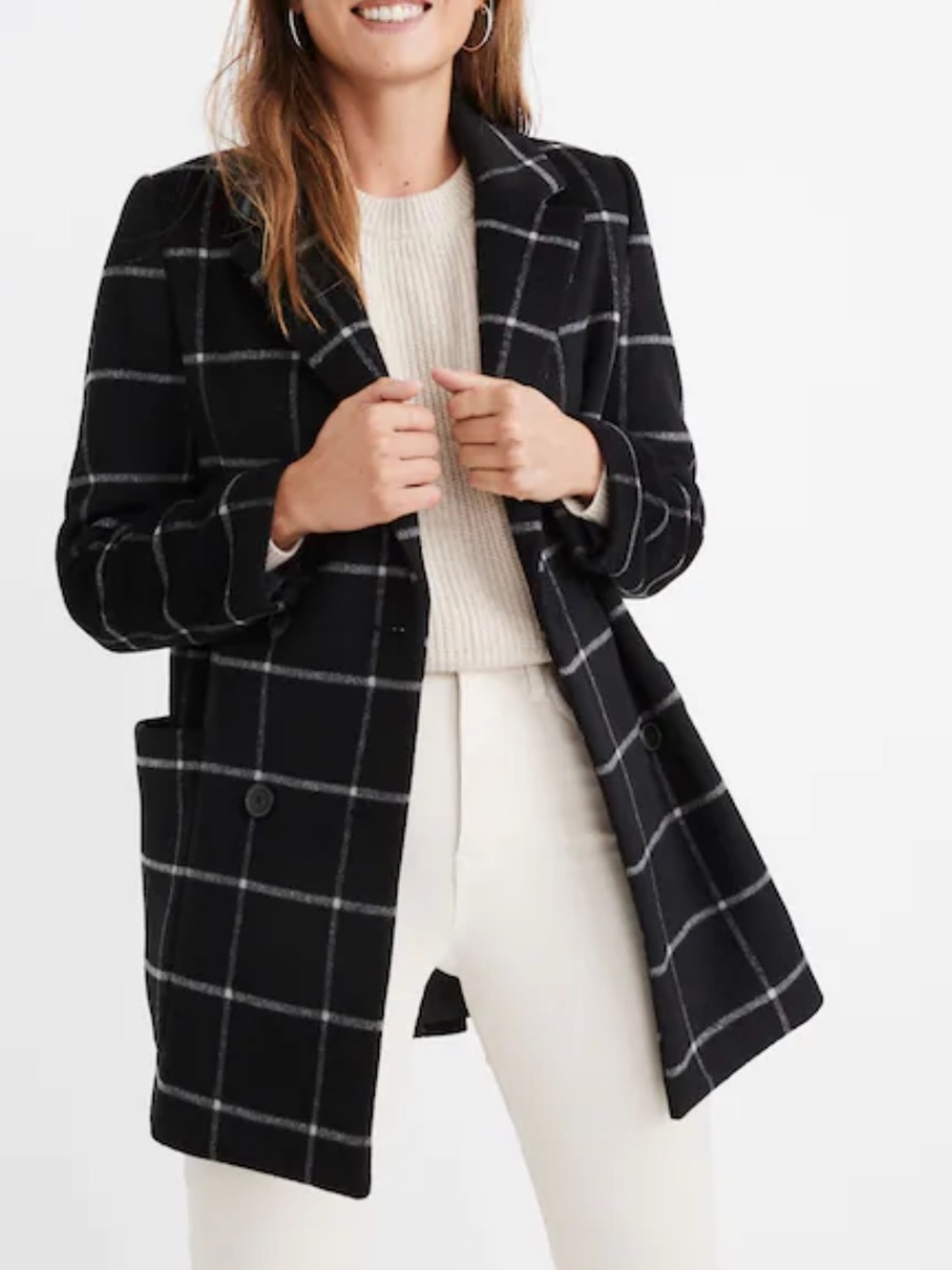 Madewell Hollis Double Breasted Coat Black White Windowpane Plaid Wool S EUC